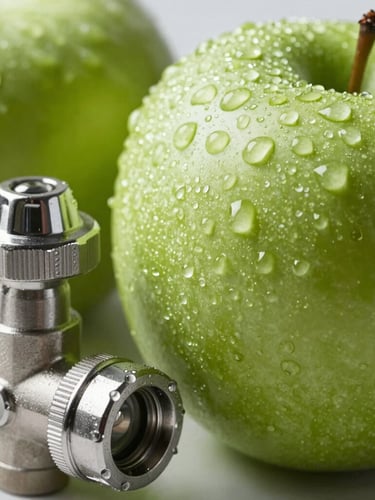 Macro close-up of pristine dew-kissed green apples next to a polished stainless steel gas control valve, clinical bright daylight, sharp focus on fruit texture.
