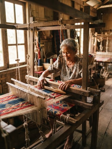 A local weaver in the Philippines working on a traditional handloom, warm natural sunlight streaming through a window, rich textures, 35mm documentary photography.