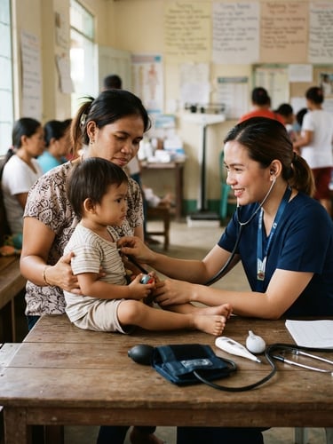 A warm, daylight-filled community clinic in the Philippines. A local nurse in clean scrubs is gently checking a child's vitals on a wooden table, mother watching with a calm expression. Authentic, 35mm documentary style.