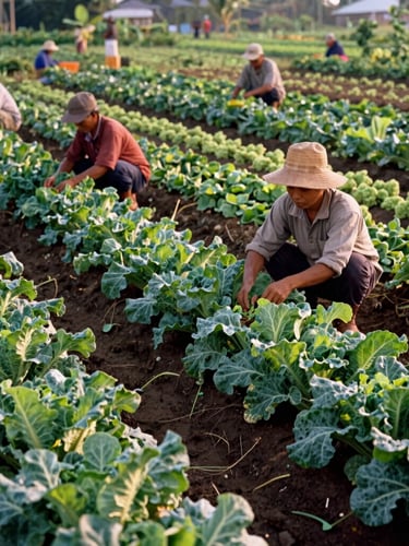 A wide shot of a community-owned organic vegetable farm in the Philippines, farmers working together under warm morning light, lush green rows of crops, documentary 35mm style.