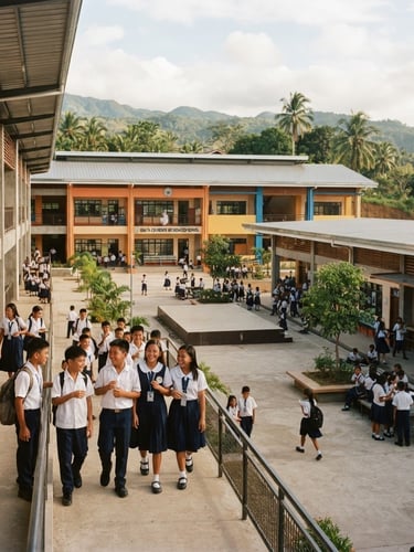 Wide environmental shot of a newly constructed regional school building in the Philippines, natural daylight, warm editorial photography, rich deep tones, 35mm