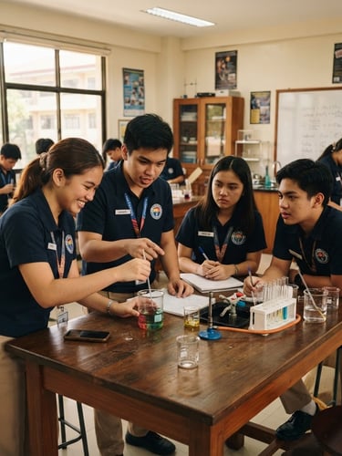 A wide-angle documentary shot of Filipino high school students collaborating in a naturally lit modern science classroom, warm ambient light, rich deep tones, 35mm.