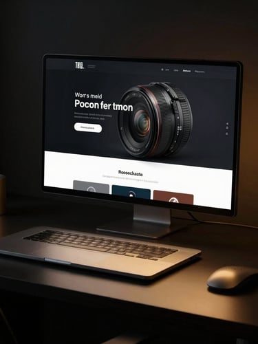 Sleek dark-mode desktop mockup of a professional website, warm golden lighting reflecting on a clean black desk, sharp focus, 35mm lens