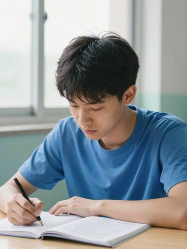 A bright editorial photograph of a student in deep study, natural window light, clean blue and teal tones, shallow depth of field
