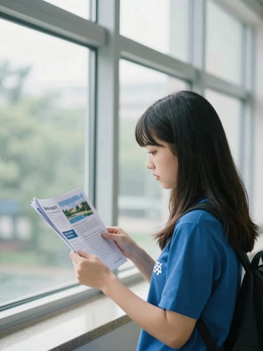 Bright editorial photography of a student looking at university brochures near a large window, natural daylight, soft teal tones, shallow depth of field, 35mm