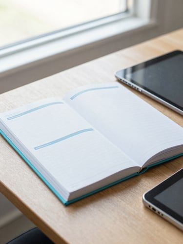 A close-up of an academic planning notebook and digital tablet on a wooden desk near a bright window, soft daylight, teal accents, 35mm photography
