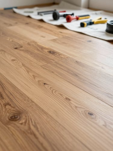 Low-angle close-up of a perfectly level hardwood floor installation in progress, bright natural light catching the wood grain, tools neatly organized on a protective canvas drop cloth in the background.