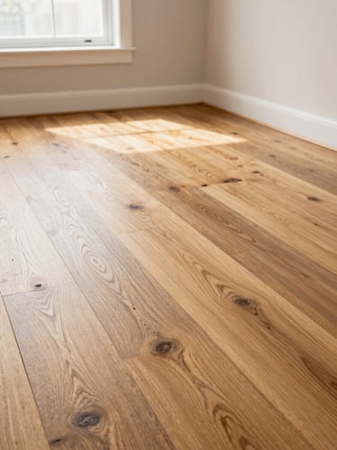 Low-angle portrait shot of a bright living room with newly installed oak hardwood floors, natural window light highlighting the wood grain, clean baseboards.