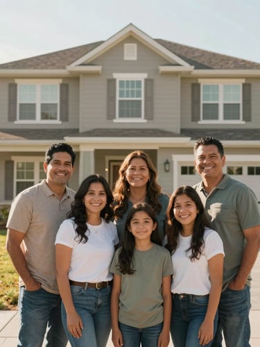 A warm, bright morning scene of a Hispanic family standing proudly in front of their new modest suburban home, smiling naturally.