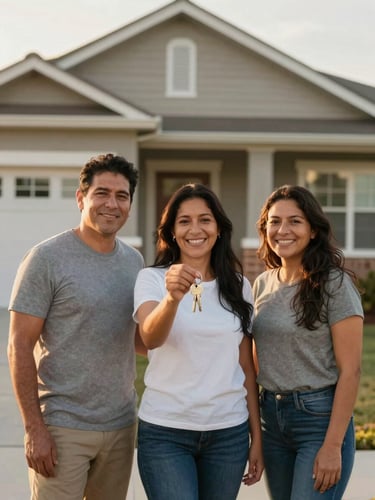 Medium portrait shot of a Hispanic family of three standing proudly in front of their new modest suburban home, warm golden hour sunlight casting a soft glow, holding a set of keys, genuine joyful expressions.