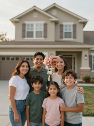Warm natural light on a smiling Hispanic family holding house keys in front of their new modest suburban home, emotional and authentic moment, medium framing.