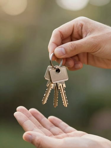 Authentic close-up of hands holding house keys with a warm, natural sunlight background, evoking optimism.