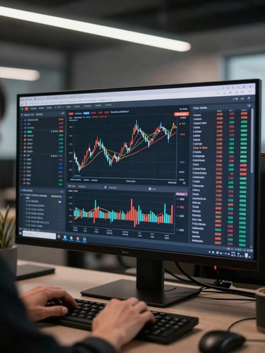 Wide monitor displaying a real-time financial analytics dashboard with live line charts and data tables, dark UI on screen, cool overhead office lighting, hands resting on keyboard in foreground slightly blurred
