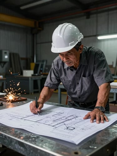 Environmental portrait of an Indonesian senior structural engineer examining technical blueprints on a steel workbench, dramatic workshop lighting, cool industrial tones.