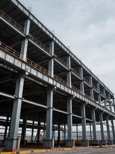 Dramatic industrial photography of a massive steel warehouse structure under construction, cool steel tones, natural overcast daylight pouring through structural trusses, wide-angle lens.