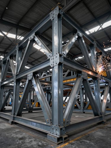 Wide-angle dramatic industrial photography of heavy steel trusses inside a massive fabrication workshop, cool steel tones with warm spark accents from welding in the background.