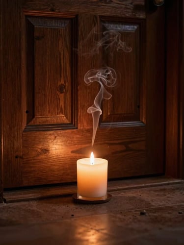 Low-key warm candlelit glow illuminating a heavy wooden entrance door, sandalwood incense smoke drifting softly, rich dark earth tones, shallow depth of field