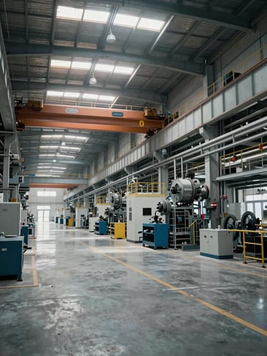 Interior of a modern heavy manufacturing plant, clean concrete floor, overhead cranes, high-contrast cool overcast daylight filtering through industrial skylights, technical perspective showing scale.