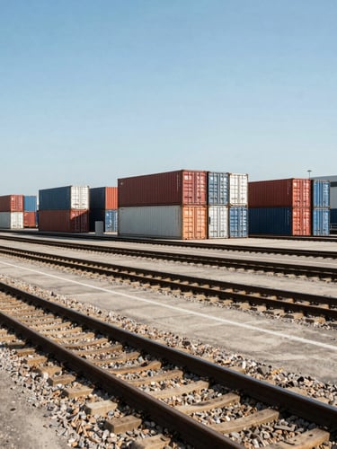 Wide environmental shot of an intermodal rail terminal, clean steel tracks, stacked shipping containers under crisp midday sun, high-contrast industrial lighting.