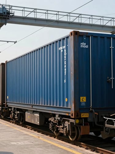 Intermodal rail terminal with stacked double-stack container cars, overhead gantry crane, crisp midday light, industrial steel-blue color tone.