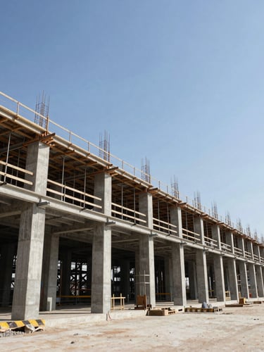 Wide environmental shot of an industrial manufacturing facility under construction, concrete pillars and steel framing visible, high-contrast crisp midday sun, expansive sky, no people.