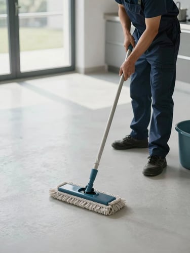 Close-medium shot of a crew member mopping a large empty kitchen floor, natural daylight from a window, clean white surfaces, mop bucket visible to the right, no clutter