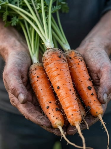 A close-up shot of weathered hands holding freshly harvested heirloom carrots with soil still attached, soft morning light, shallow depth of field, editorial style