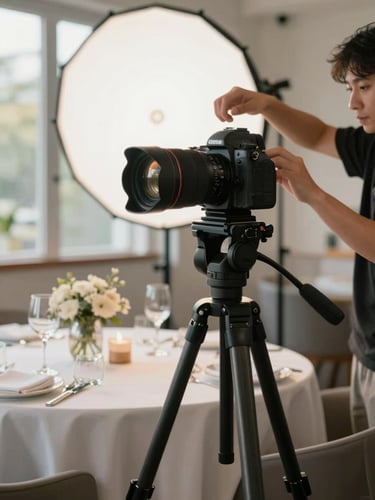 A professional camera on a tripod positioned over a beautifully styled table in a restaurant, a photographer adjusting a reflector, soft morning light.