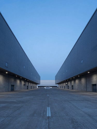 Symmetrical exterior shot of a massive modern logistics park at twilight, sharp steel lines, cold concrete panels, dramatic architectural blue lighting, expansive negative space.