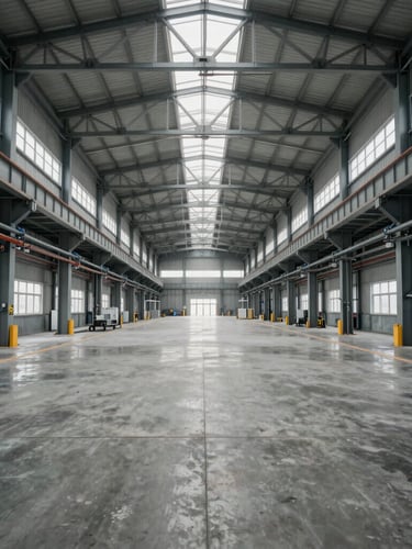 Symmetrical wide-angle interior of a modern manufacturing facility, clean concrete floor, exposed steel truss ceiling, cool daylight filtering through high windows.
