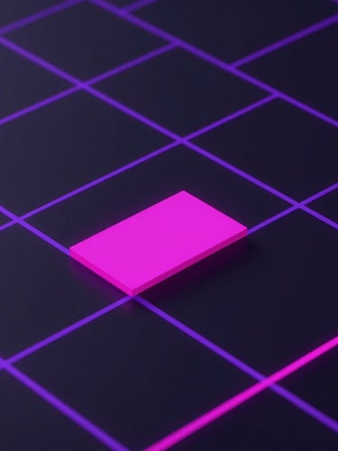Sleek close-up of a high-fidelity dark mode UI mockup with electric violet grid lines and neon magenta active states, crisp isometric angle