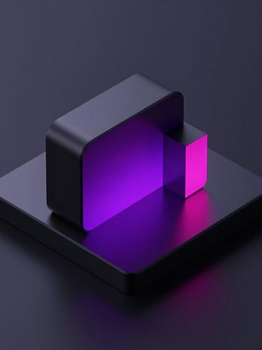 Sleek 3D render of abstract geometric shapes with vibrant neon purple and deep magenta backlights, dark mode aesthetic, isometric perspective, high-fidelity digital textures
