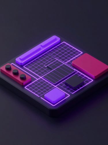 Crisp isometric 3D render of a modular user interface system, glowing electric violet grid lines, deep magenta accents, dark studio lighting, octane render.