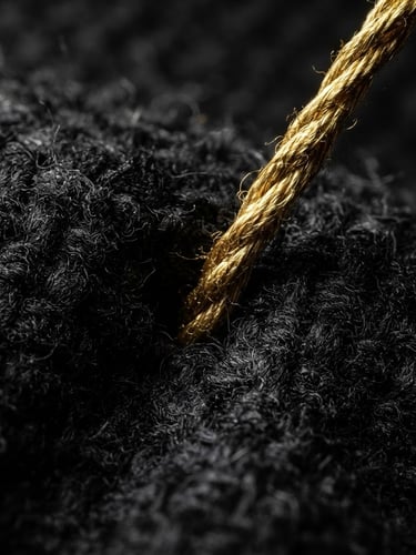 Extreme macro close-up of thick golden embroidery thread piercing heavy black canvas, high-contrast directional studio lighting, deep shadows, 85mm lens