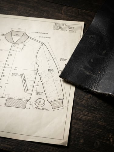 Crisp premium product photography of a technical drawing of a varsity jacket next to a heavy black leather sample, high-contrast directional studio lighting, deep shadows, macro texture detail, 85mm lens
