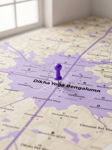 A detailed, stylized map of Indiranagar, Bengaluru, with a pin marking Diksha Yoga Classes, highlighting nearby landmarks like Glenands Pet Shop, surrounded by soft lavender hues and cream tones.