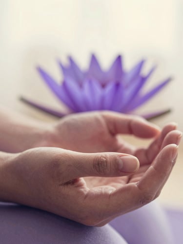 Close-up of hands in a gentle mudra, soft diffused light, lavender tones, shallow depth of field, a single lotus flower in the background, portrait aspect.
