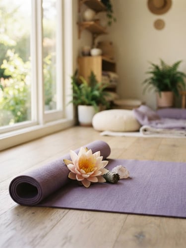 A serene yoga studio interior with soft diffused window light, a single mat, and a lotus flower in the foreground, deep lavender and cream tones, shallow depth of field, warm editorial photography.