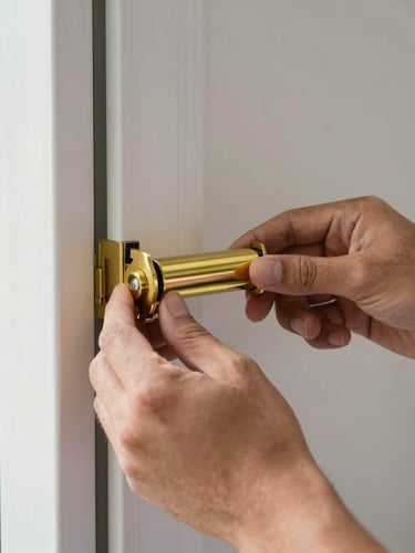 Close-up of a technician's hands installing a brand-new brass roller into a clean sliding door frame, bright Florida daylight, sharp focus on hardware