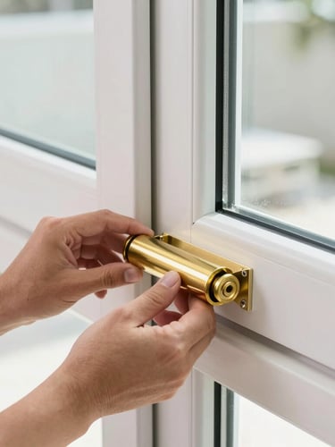 Close-up of hands installing a shiny new brass roller assembly into the bottom of a heavy sliding glass door, bright Florida daylight
