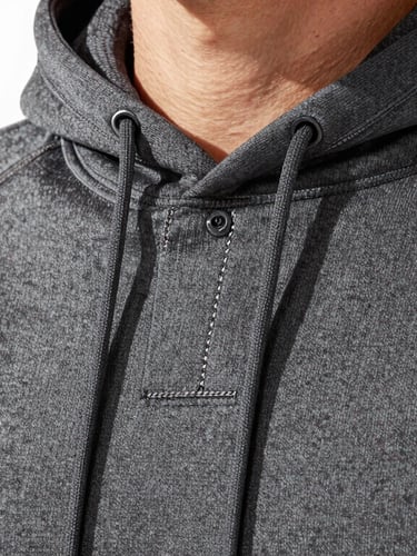 Bright editorial apparel photography, close-up of precise double-needle stitching on a charcoal activewear hoodie, clean daylight, 35mm medium format