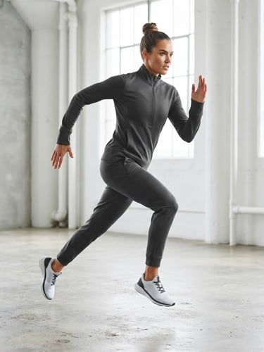 Bright editorial apparel photography, a model wearing a high-performance charcoal tracksuit in a clean, minimalist studio setting, bright high-key lighting, 35mm medium format