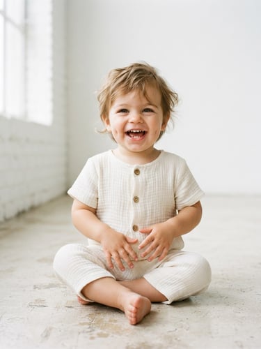 Bright high-key studio portrait of a toddler wearing a clean cream-colored organic cotton romper, soft natural lighting, minimalist setting.
