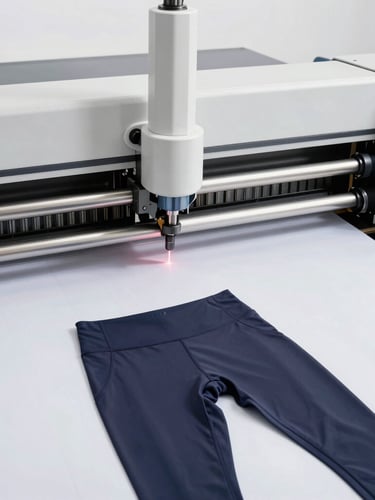 Close-up of modern computerized CAD fabric cutting machine slicing through high-performance activewear material with laser precision, bright studio lighting.