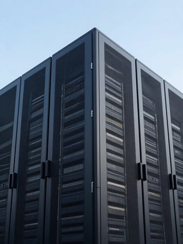 Symmetric architectural detail of a modern data center infrastructure, cool-toned daylight, sharp focus, deep navy and steel gray tones.