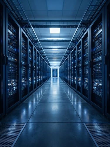 Wide-angle architectural photograph of a modern data center aisle with glowing server racks, cool blue lighting, sharp focus, geometric lines, low horizon.