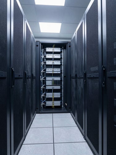 Wide-angle shot of a clean, modern data center aisle with structured cabling and server racks, cool daylight, deep navy and steel gray tones, sharp focus, architectural wide-angle lens, bleeding to the right edge.