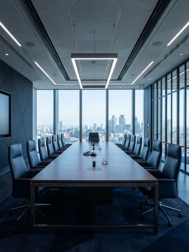 Wide-angle view of an empty, high-end corporate boardroom with symmetric architectural lines, cool daylight, deep navy and steel gray tones, sharp focus.
