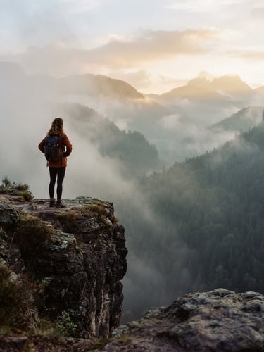A solitary figure stands on a rugged stone cliff overlooking a misty forest at dawn, soft morning light, 35mm film texture.