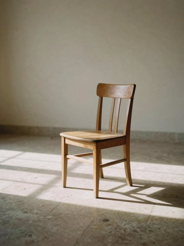 An empty sunlit room with a single wooden chair, soft shadows stretching across a stone floor, diffused morning light.